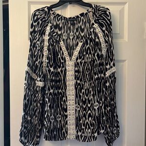 INC International Concepts Black and White Ikat Peasant Top with Lace Inserts